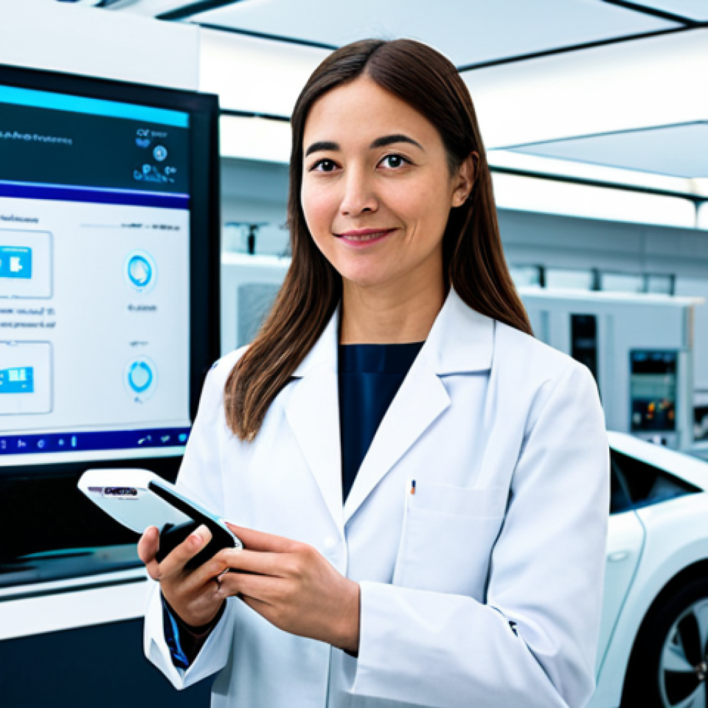 A professional female engineer, wearing a modest, clean lab coat over professional, fully clothed attire, stands in a futuristic, brightly lit electronics laboratory. She is holding a compact, next-generation electric vehicle charger or a component labeled "GaN" or "SiC". In the background, a digital display shows a schematic of an efficient power inverter for an electric car, emphasizing energy savings. The scene is clean, organized, and focuses on innovation in semiconductors. safe for work, appropriate content, fully clothed, professional, perfect anatomy, correct proportions, natural pose, well-formed hands, proper finger count, natural body proportions, high-quality photograph, detailed, sharp focus.