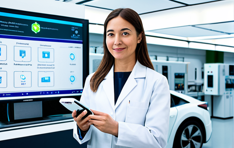 A professional female engineer, wearing a modest, clean lab coat over professional, fully clothed attire, stands in a futuristic, brightly lit electronics laboratory. She is holding a compact, next-generation electric vehicle charger or a component labeled "GaN" or "SiC". In the background, a digital display shows a schematic of an efficient power inverter for an electric car, emphasizing energy savings. The scene is clean, organized, and focuses on innovation in semiconductors. safe for work, appropriate content, fully clothed, professional, perfect anatomy, correct proportions, natural pose, well-formed hands, proper finger count, natural body proportions, high-quality photograph, detailed, sharp focus.