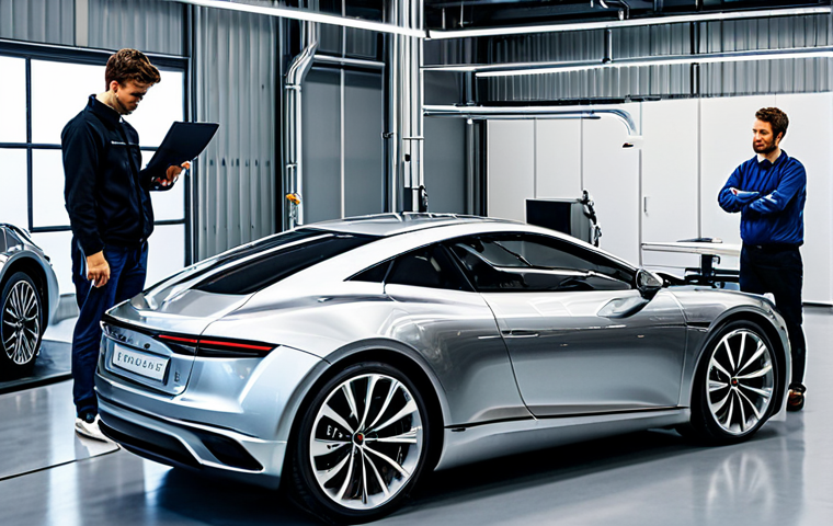 **

"A modern industrial design studio, showcasing metallized plastic components. Several fully clothed engineers are inspecting a sleek, lightweight car part with a metallic finish. Background includes advanced machinery and prototypes. Appropriate content, safe for work, perfect anatomy, correct proportions, professional setting, high quality, modest clothing."

**