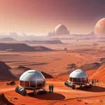 Home 8 우주 탐사 소재 - A highly detailed, realistic illustration depicting a futuristic human colony nestled within a vast,...