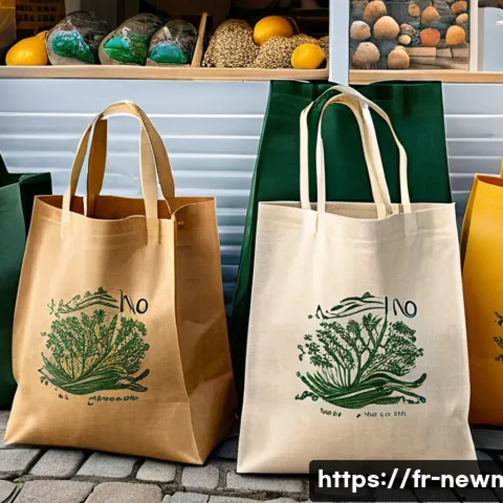 해양 환경 소재 - A detailed scene showing biodegradable packaging bags made from seaweed, displayed in a French coast...