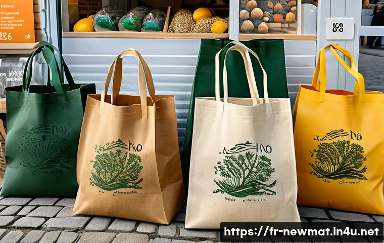 해양 환경 소재 - A detailed scene showing biodegradable packaging bags made from seaweed, displayed in a French coast...