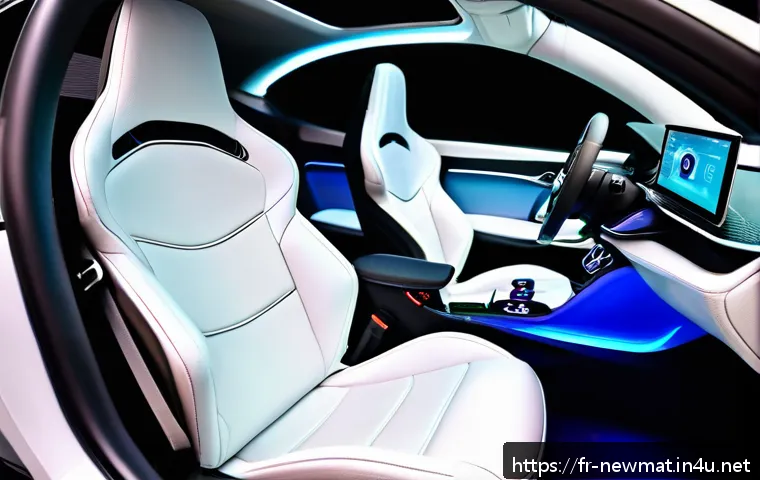 융합 신소재 - A futuristic automotive interior showcasing a smart car seat made from shape-memory polymers, design...