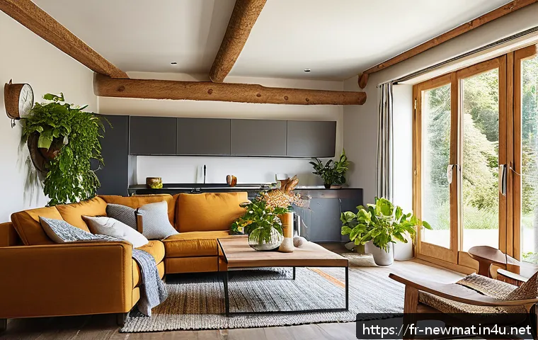 환경친화적 소재 - A cozy, eco-friendly living room showcasing natural biosourced insulation materials: walls and ceili...