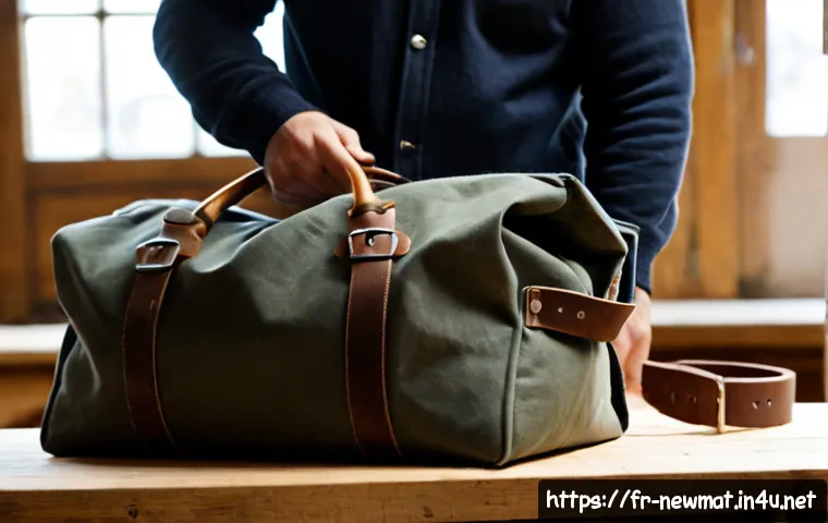 고내구성 소재 - Photorealistic close-up of a French artisan testing a thick, durable waxed canvas travel bag on a wo...
