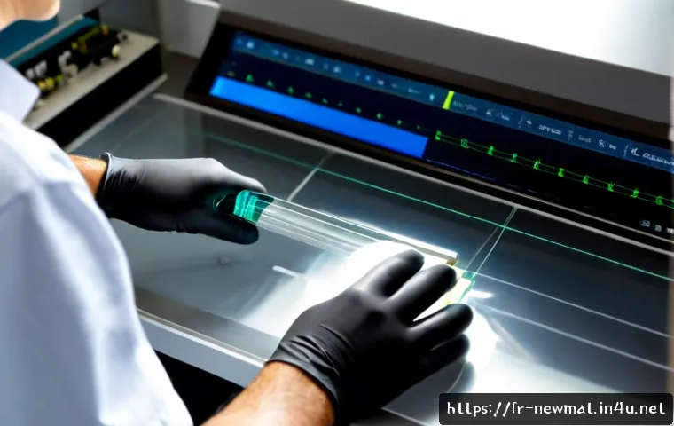 스마트 센서 소재 - Photorealistic close-up of a flexible smart sensor material sheet being tested in a modern French el...